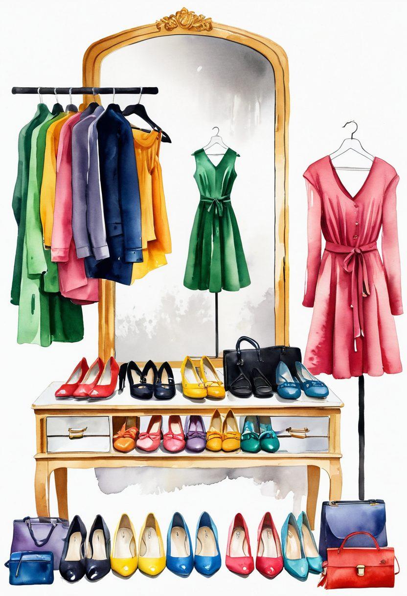 A stylish and chic scene featuring a variety of Mary Jane shoes arranged artistically among colorful wardrobe elements like dresses, bags, and accessories. Include hints of fashion sketches in the background and a mirror reflecting a feminine touch. Bright and playful atmosphere, inviting readers into the world of fashion and style. watercolor illustration. vibrant colors. white background.