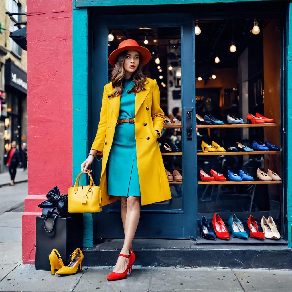 A stylish woman showcasing various Mary Jane shoes in a chic urban setting, surrounding her are vibrant fashion accessories like hats, bags, and jewelry, with a background of a trendy café. The scene is alive with colors and fashion flair, emphasizing a sense of style and confidence. The lighting is soft and inviting, highlighting the textures of the shoes and accessories. super-realistic. vibrant colors. urban backdrop.