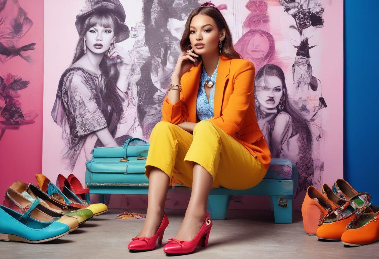 A fashionable young woman confidently wearing stylish Mary Jane shoes, surrounded by vibrant fashion sketches and trend icons, set against a chic urban backdrop. The focus is on the shoes with bright accessories complementing her outfit, evoking a sense of creativity and engagement in fashion. super-realistic. vibrant colors. urban setting.